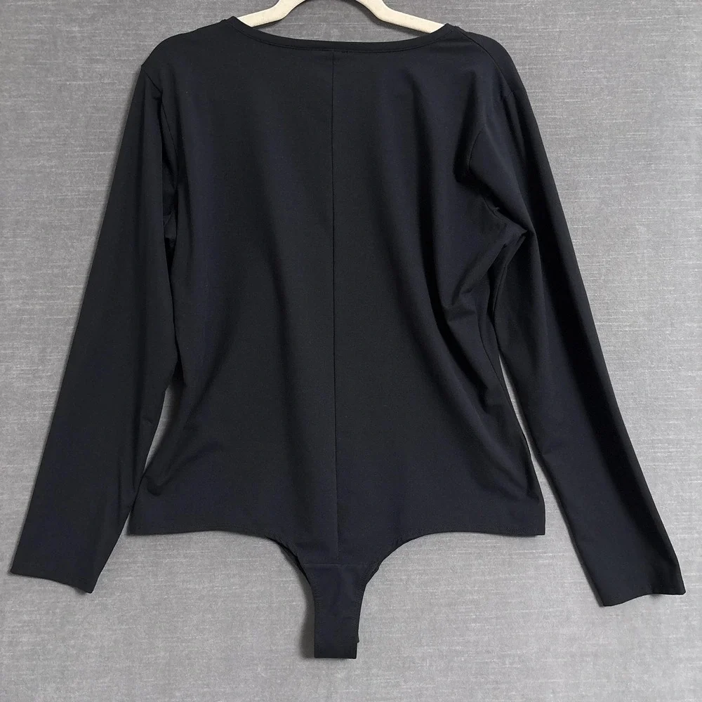 Spanx‎ Bodysuit 2X Black Long Sleeve V Neck Shapewear Thong V Neck Long Sleeve